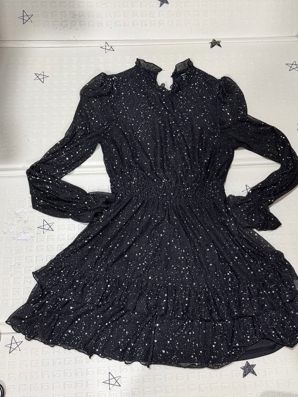 SHEIN Black Star Speckle Long Sleeve Ruffle Dress